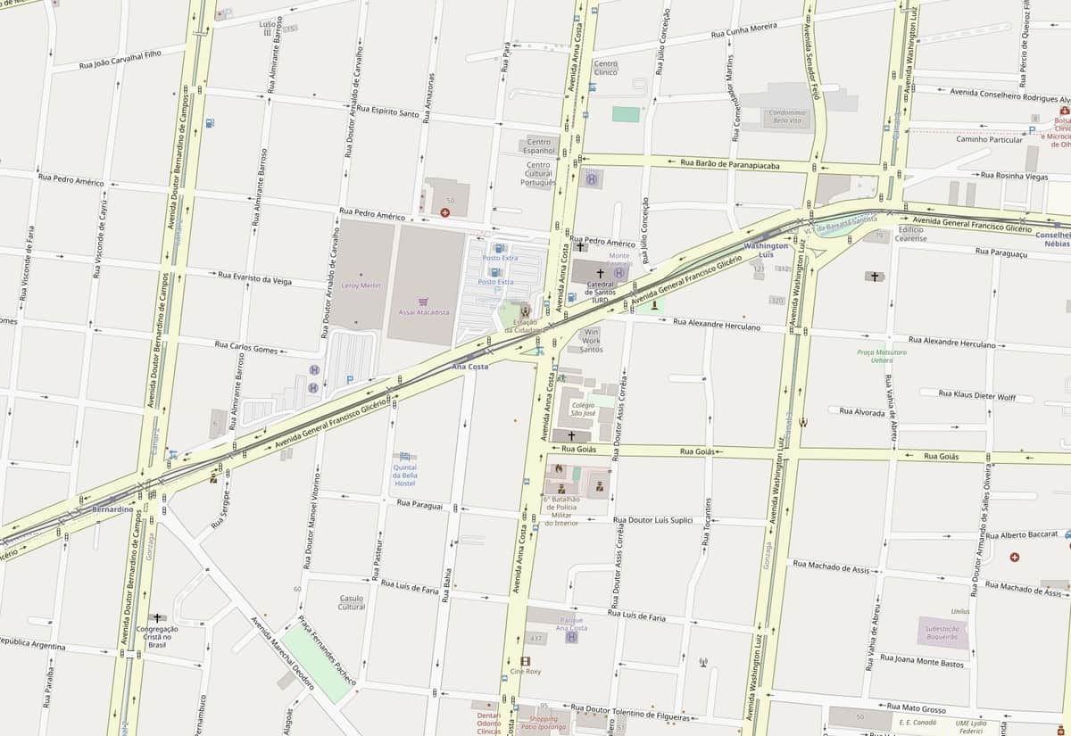 Mapa do Gonzaga, em Santos: o Caiçara Hotel fica na Praça dos Expedicionários, entre a Av. Ana Costa e a Av. Francisco Glicério